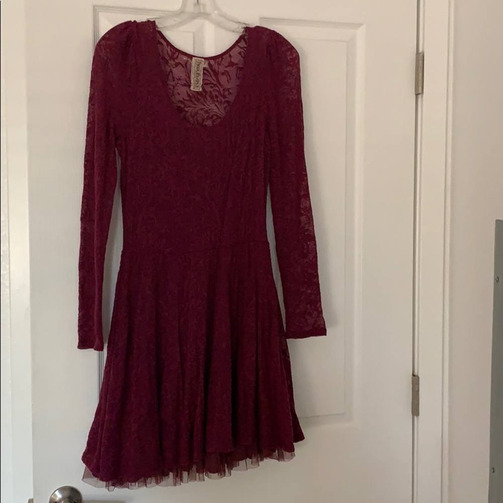 Free People Burgundy Lace Long Sleeve Dress
